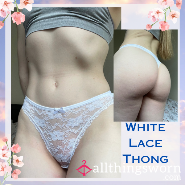 White Lace Thong 🤍 Size Small▪️1 Day Wear - £20. Longer Wears And International Shipping Available 🌎