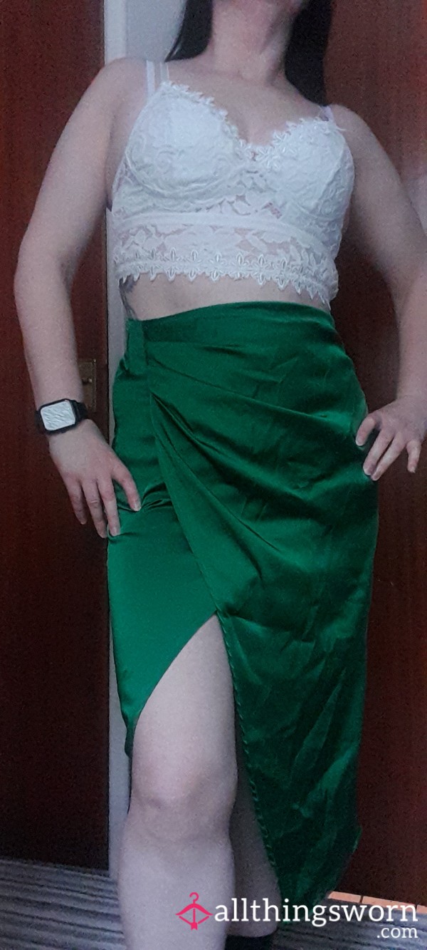 White Lace Top, & Green Satin Midi Skirt With S**y Thigh Slit