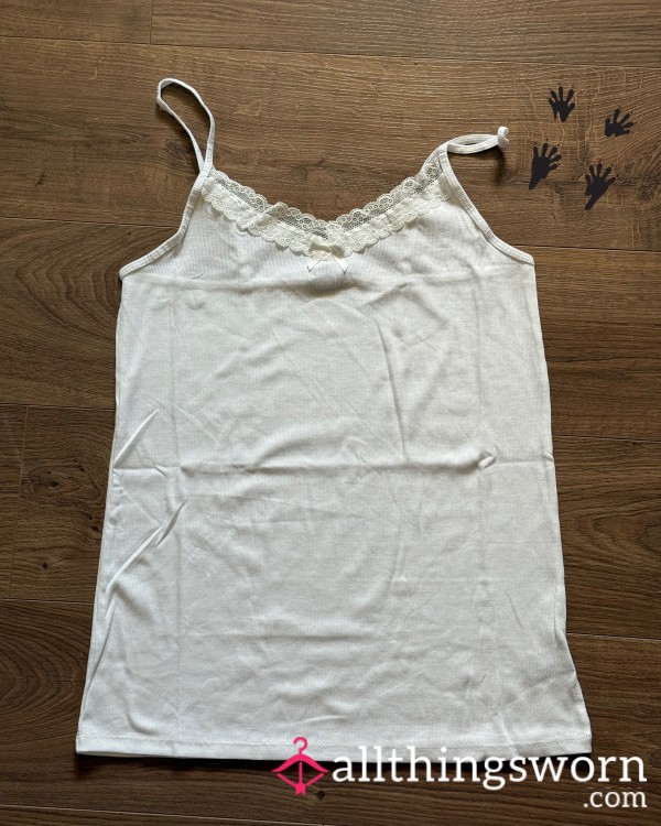 White Lace Trim V-Neck Cotton Blend Tank Top, Size 1X, For Custom Wear