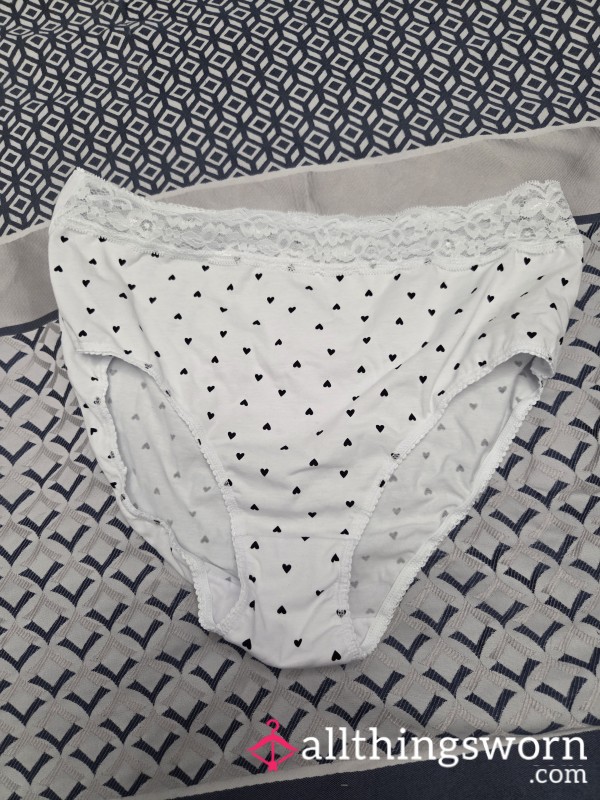 White Lace Trimmed Big Panties Black Hearts On Size 14