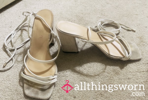 White Lace Up High Heel Sandals