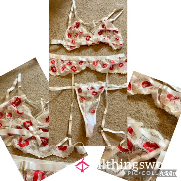 White Lace With Red Lip Lingerie 3 Piece Set 💋🔥