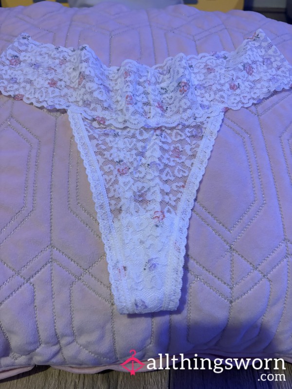 White Lacey Flower Print Thong