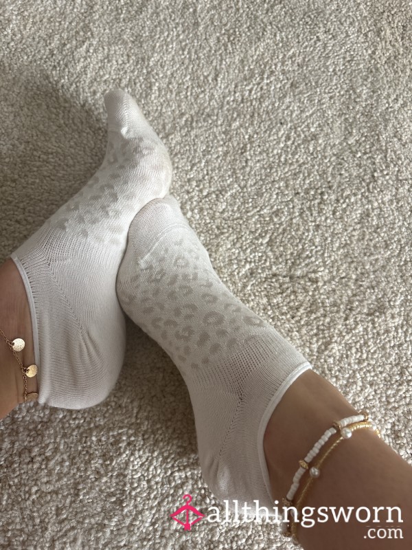 White Leopard Print Cute No Show Trainer Ankle Socks Used & Worn By Me 🦶