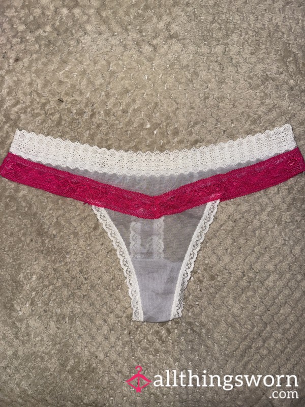 White Mesh Thong With Pink Lace