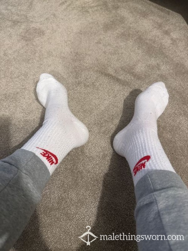 White Nike Socks With Red Swoosh