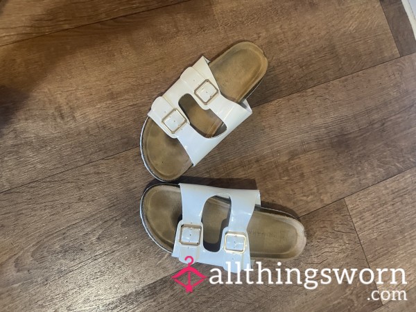 White Patent Birkenstocks. Well Worn / Toes And Foot Prints / Black Soles / Toe Print Soles. 📦 UK Delivery Included. 🌍 International Shipping Available. 📸 Photo Set Included.