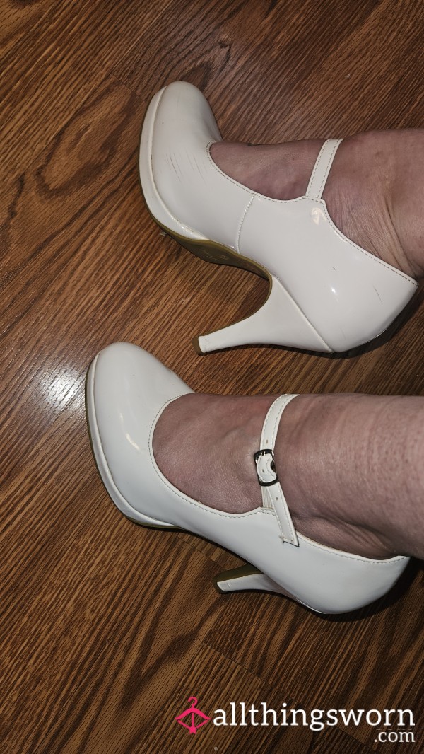 White Patent Leather Heels With Ankle Strap