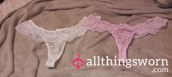 White & Pink Lace Thongs W/ Frilly Trim Size L