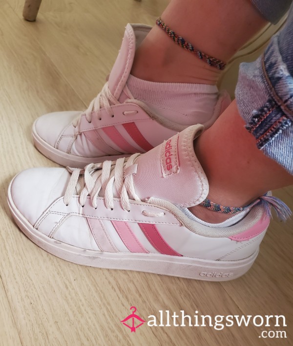 White & Pink Well Worn Adidas Trainers/ Flats