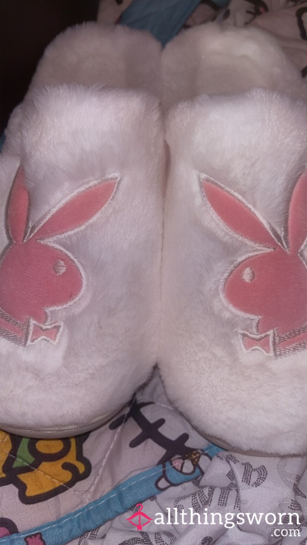 White Playboy Slippers Pink Logo 🎀