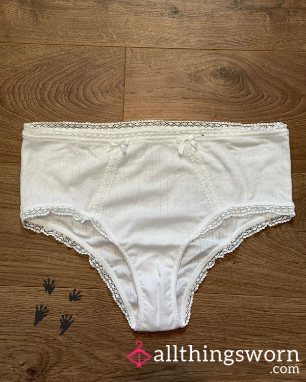 White Pointelle Brief Cotton Panty With Lace And Bows, Size 1X, For Custom Wear