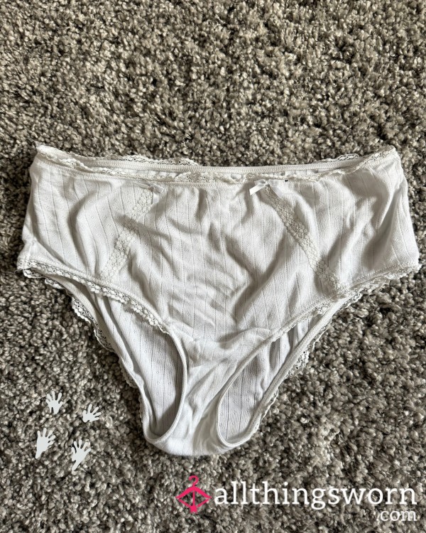 White Pointelle Brief Cotton Panty With Lace And Bows, Size 1X, 48 Hours Wear