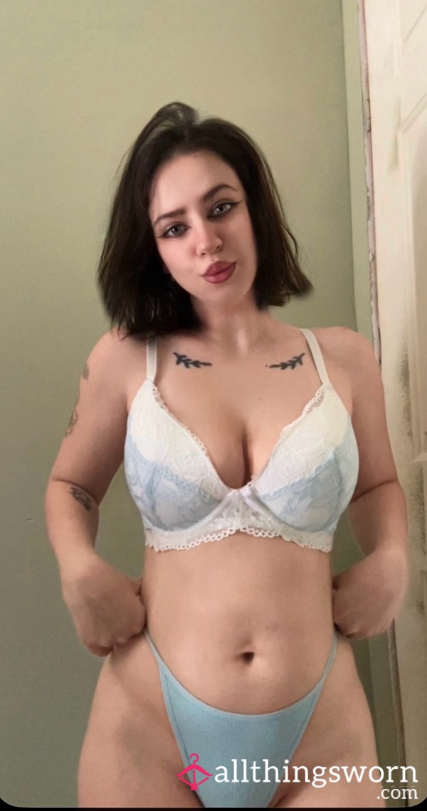 White Pushup Bra With Cute Delicate Blue Lace Overlay Hugging My Big Tits 34DD