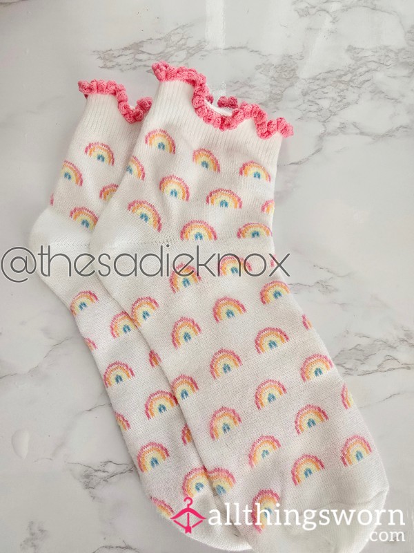 White Rainbow Print Ruffle Socks