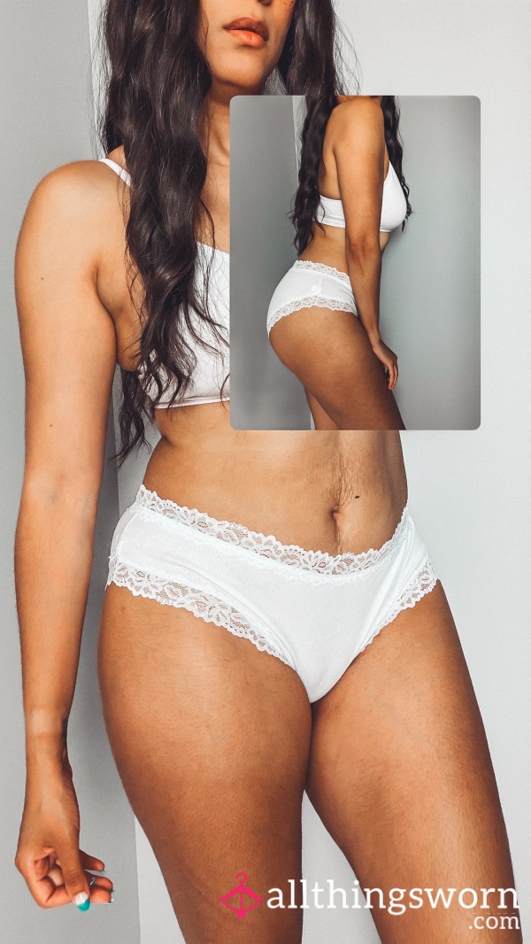 White Ribbed Lace Trim Fullback Panties