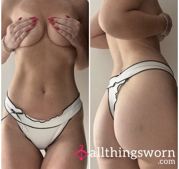 White Ribbed Thong With Black Trim