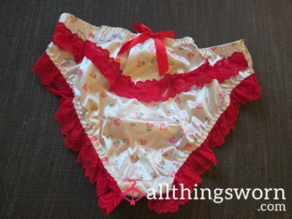 White Satin Like Panties With Red  Trim And Cherry Print Size Extra Large