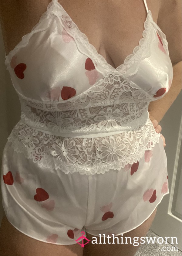 White Satin & Red Hearts Pyjama Set — Worn With Intent