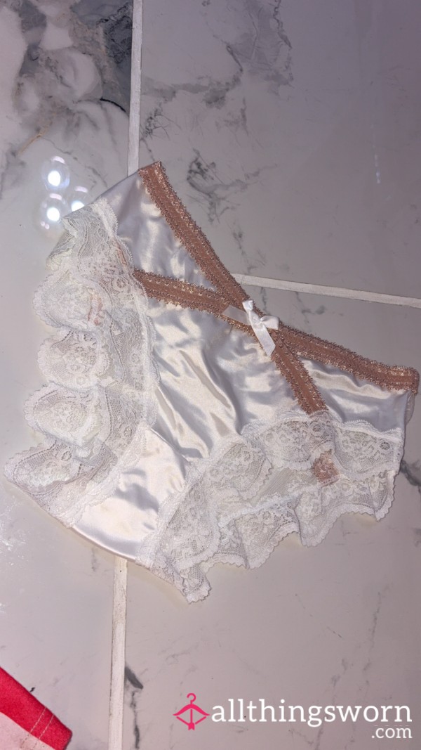 White Satin/silk Panties With Sheer Back And White And Cream Frills Panties