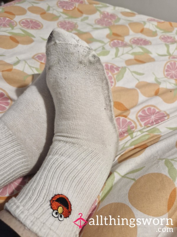 White Sesame Street Elmo Ankle Socks. Worn For A 9 Hour Shift At Work
