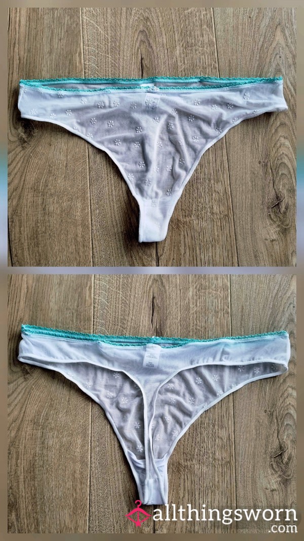 🤍💎 White Sheer Flor*l Thong With Turquoise Trim – Soft, Sweet, & Seductively Unique 💎🤍