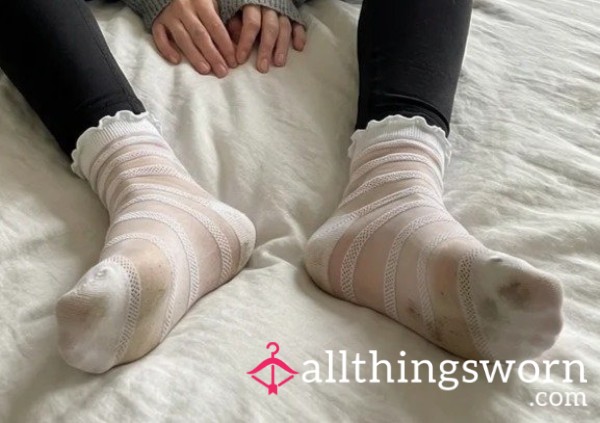 White Sheer Striped Ruffle Cuff Ankle Socks Worn All Day Barefoot  Delicate Stripes. Ruffle Trim. Worn Until They Weren't So Delicate Anymore.