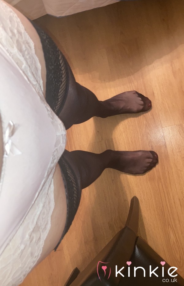 White Silk Panties With Lace Trim And Black Stockings