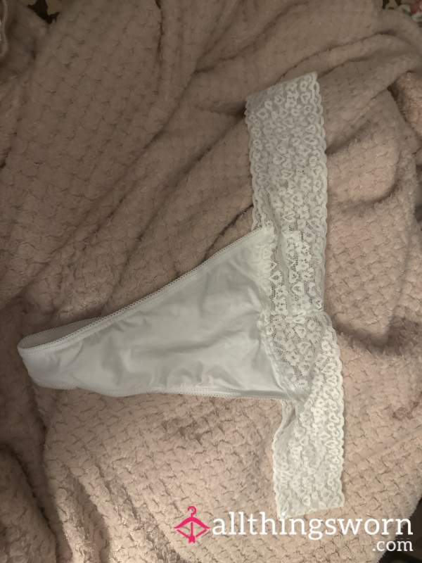 White Silk Thong With Lace Trim