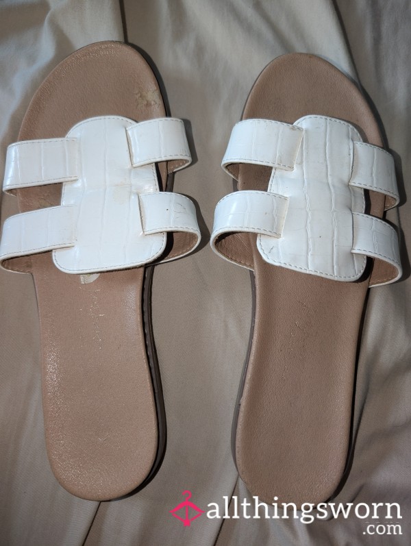 White Snake Print Worn Flip Flops