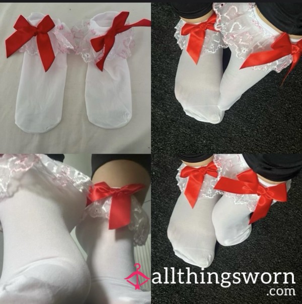 White Socks With Ruffle And Red Bow Detail