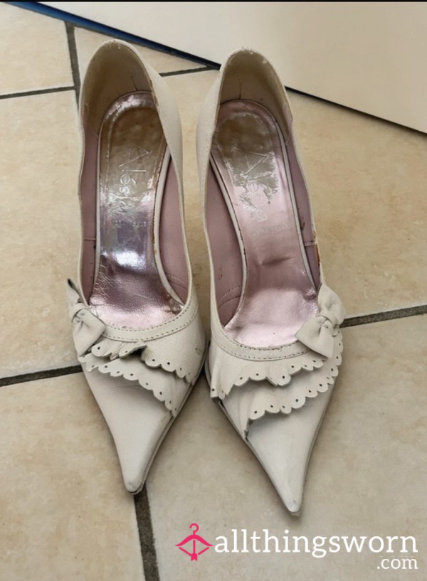 White Stilettos With Leather Embroidery