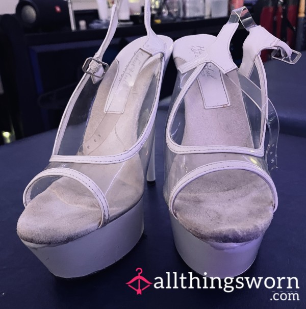 White STRIPPER Heels Toejam, Footprints, Strongly Scented - Very Well Worn!