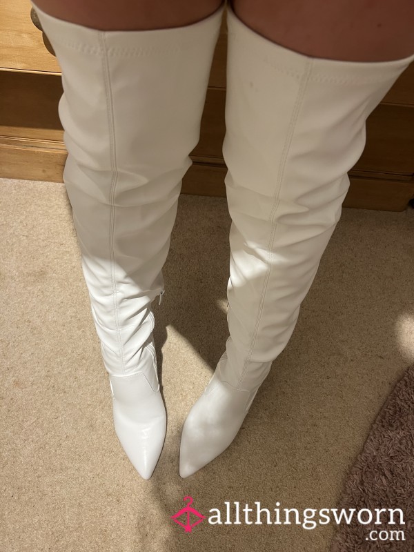 White Thigh High Latex Boots