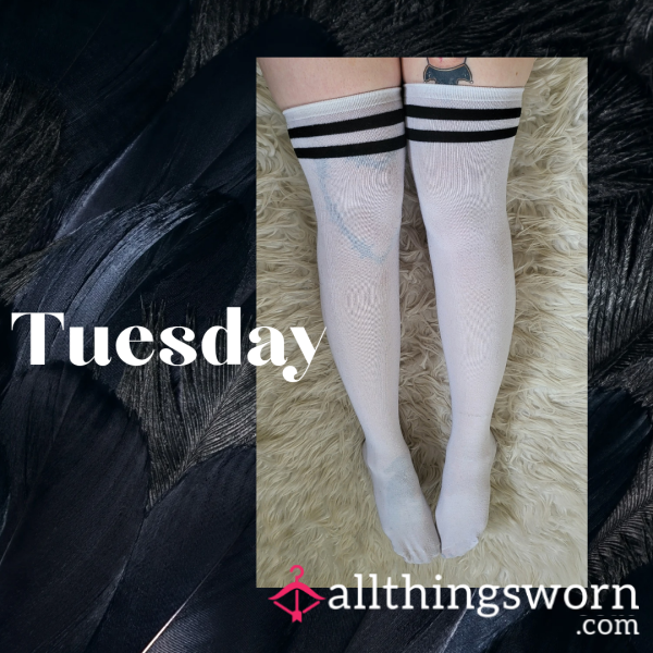 White Thigh High Socks With Black Stripes