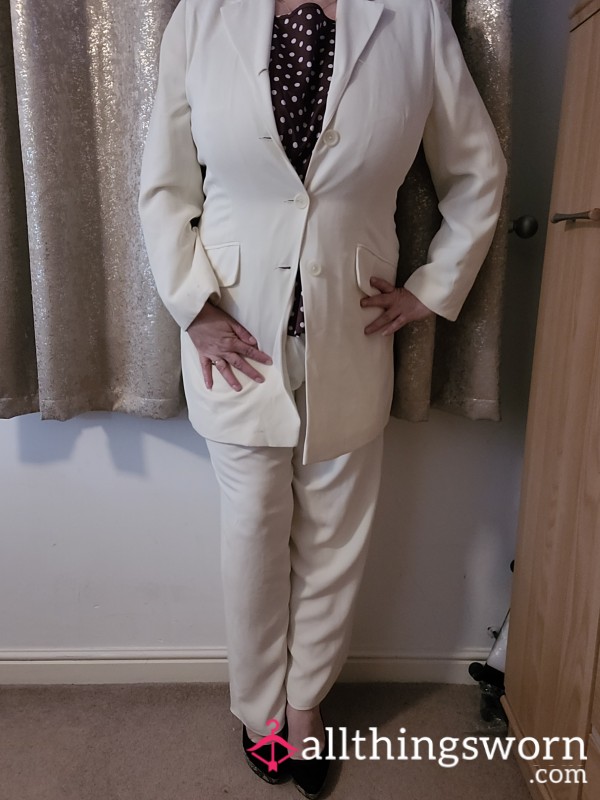 White Trousers And Jacket And Brown And White Top