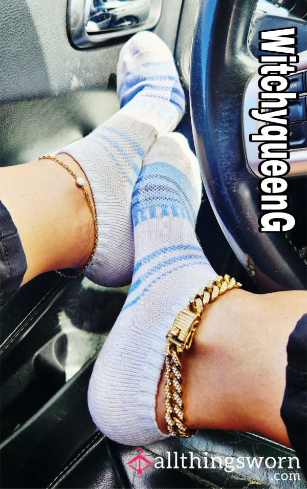 White With Blue Stripe Ankle Socks