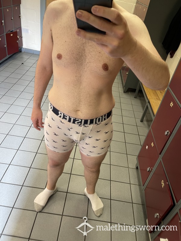 White With Navy Icon Long Hollister Trunks