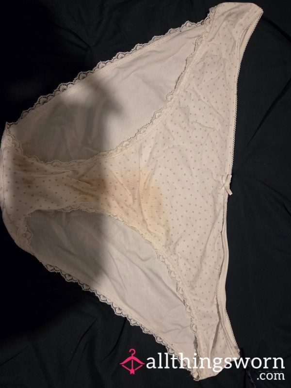 White With Pink Spots Full Back Panties Heavily Stained Front And Back🟡🟤