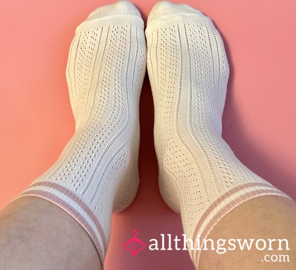 White With Pink Stripe M&S Worn Crew Socks