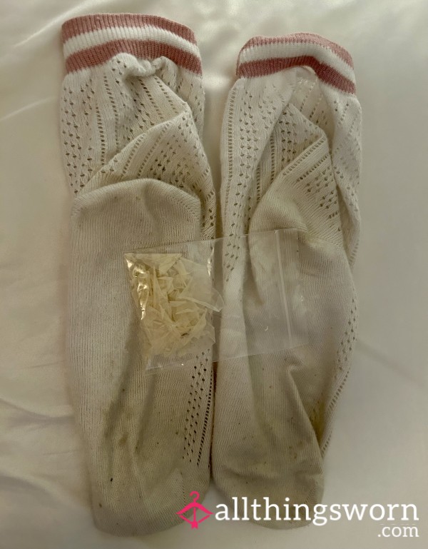 White With Pink Stripe M&S Worn 7 Days Crew Socks And Foot Skin P**l Bag Bundle