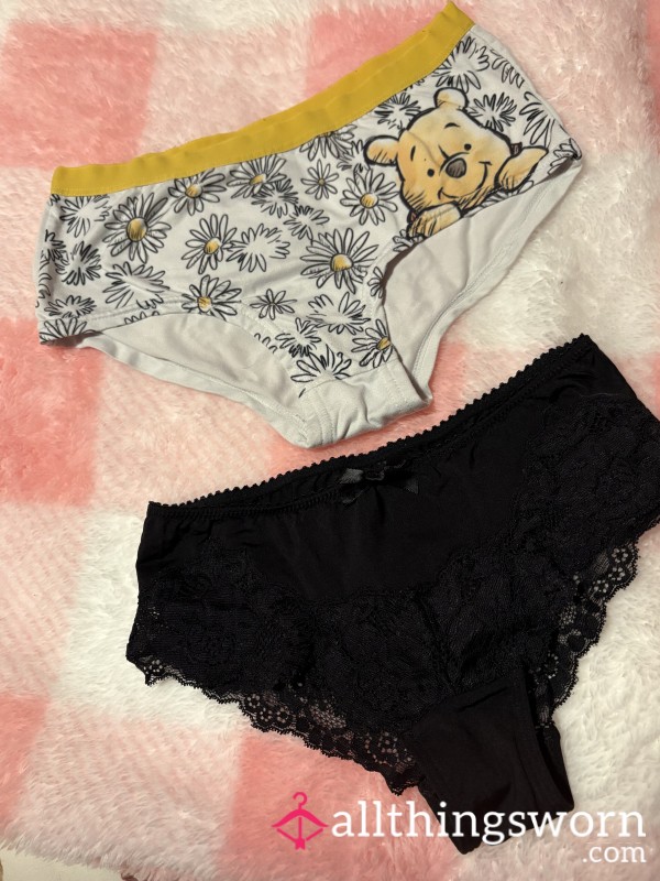 White Yellow Winnie The P And Black Lacy Pants Pick A Pair Worn On My Size 6 Little Bu*t An Pu**y