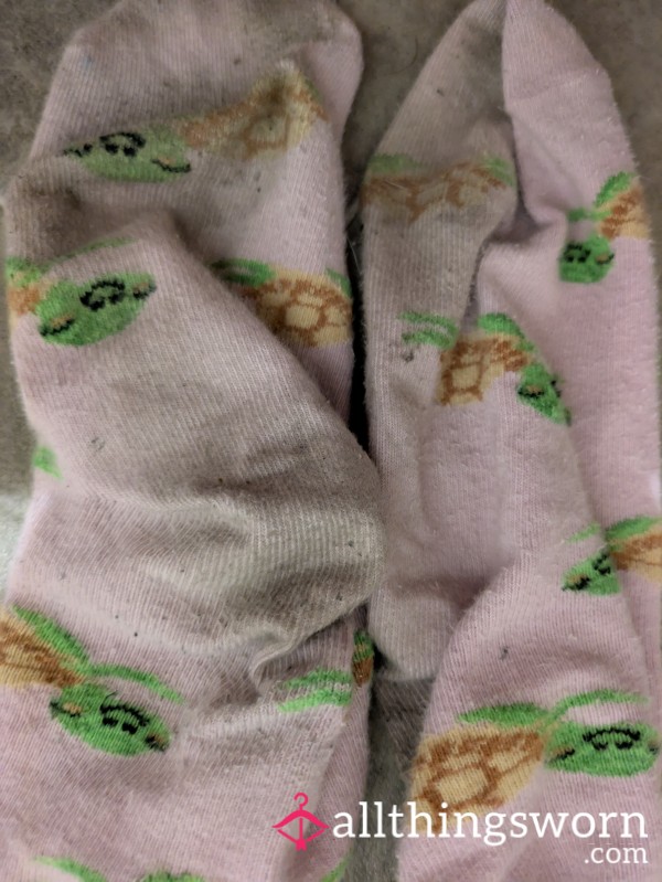 Get Your Hands On Some Fun Pink Well Worn Turtle Socks  Very Much Used🤤 1 Month