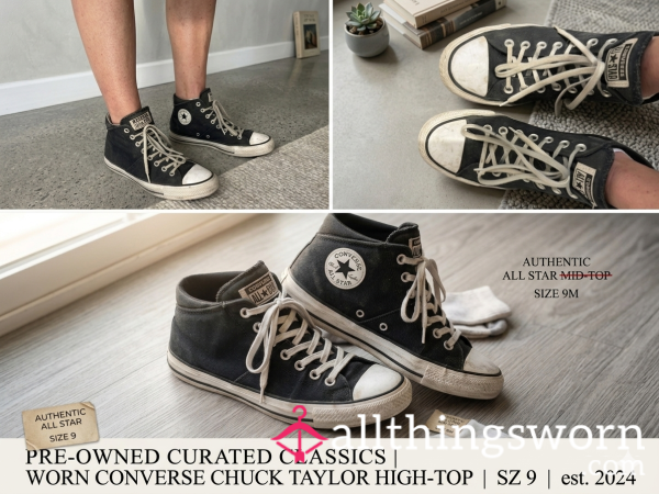 Worn 10+ Hours: Black Converse Chuck Taylor Mid-Tops - Size 9M - Texas Heat Fresh