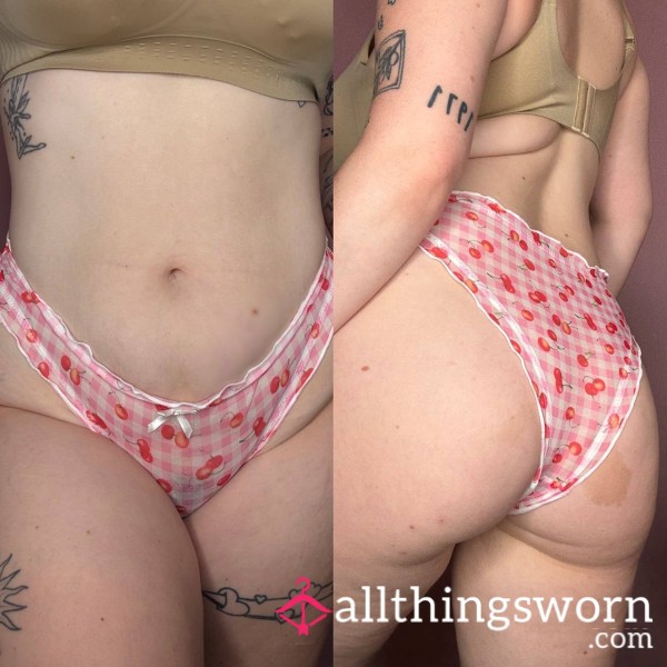 🍒Worn 24hrs Cherry Pink Plaid Mesh See Through Frilly Panties🍒