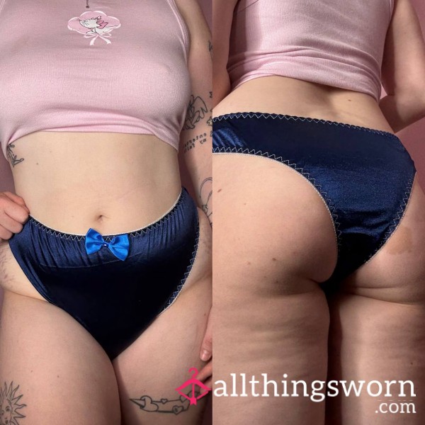 🫐Worn 24hrs Navy Blue Satin Brief Panties🫐