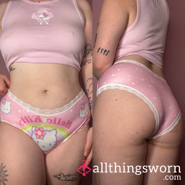 🌈Worn 24hrs Pink Hello Kitty Rainbow Brief Panties🌈