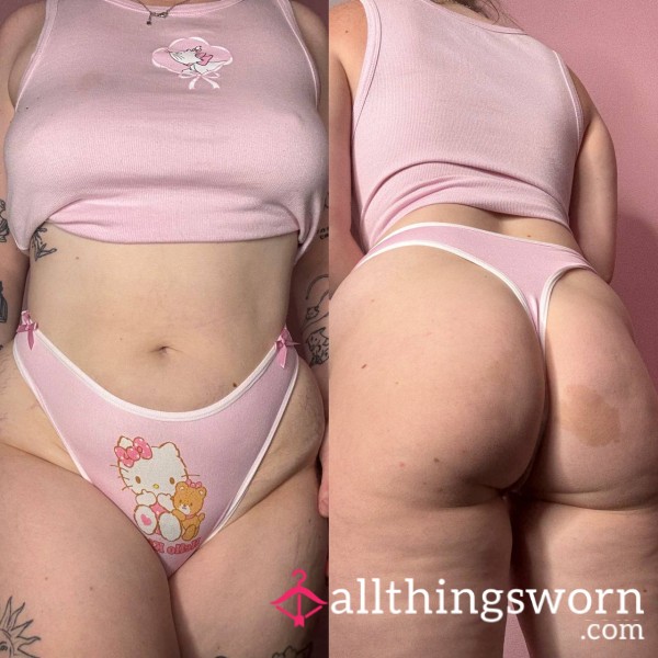 🧸Worn 24hrs Pink Hello Kitty Teddy Bear Thong Panties🧸
