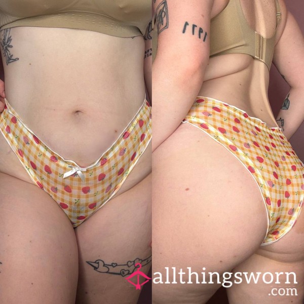 🍓Worn 24hrs Yellow Strawberry Plaid Mesh See Through Frilly Panties🍓