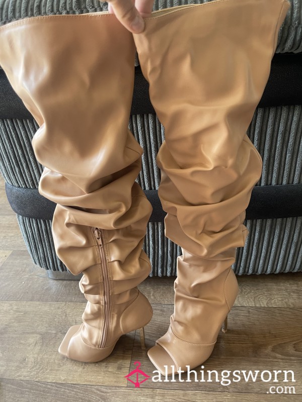 Worn Beige Leather Knee High, Open Toe, Stiletto Heel Boots - Size 6 UK - Scrunch Leg.